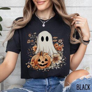 Ghost Halloween Pumpkin Retro Floral Graphic Fan Gift Spooky Season T-Shirt 05